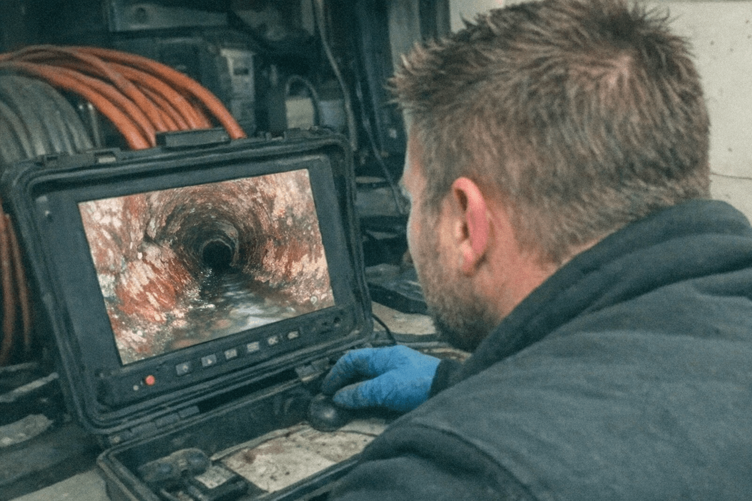 Techniker wertet Live-Bilder der Leitung am Farbbildschirm aus