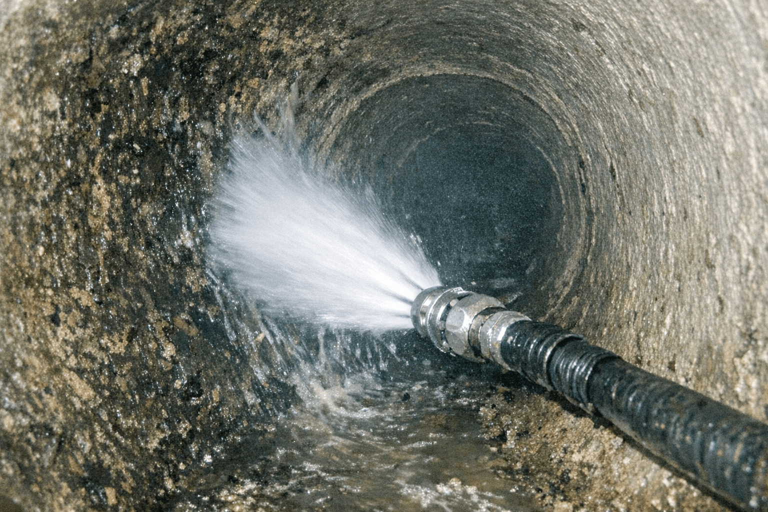Starker Wasserstrahl reinigt die Innenwand eines Betonrohrs