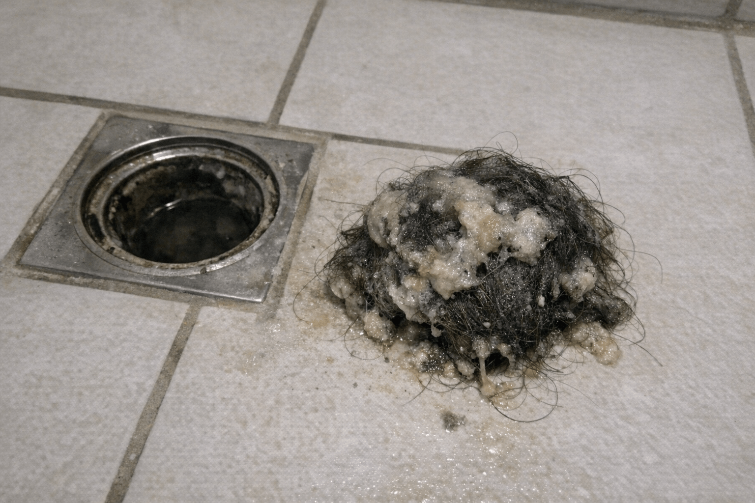 Fachgerecht entfernter Pfropfen aus Haaren neben einer Dusche